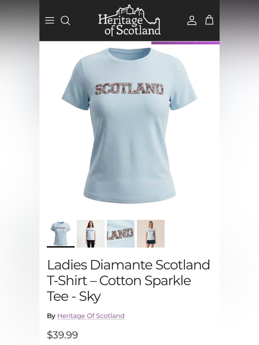 Ladies Diamante Scotland T-Shirt in Sky Blue